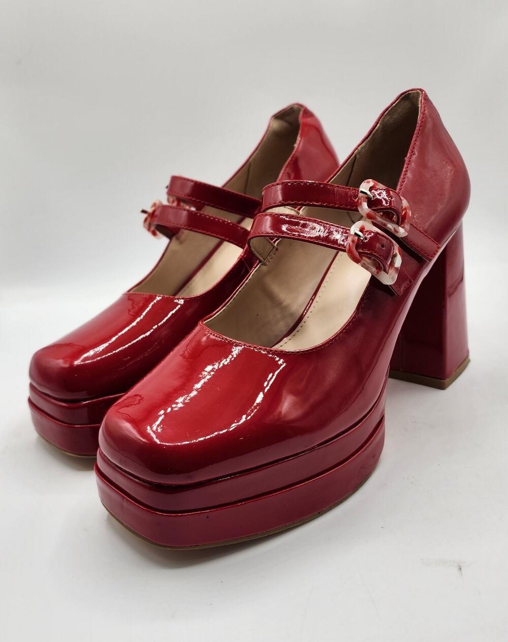 Coutgo Patent Leather Platform Mary Jane Pumps Double Buckle Block Heel Size 8